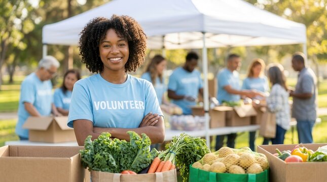Smiling Black woman in a volunteer t-shirt posing with arms crossed at an outdoor food drive.