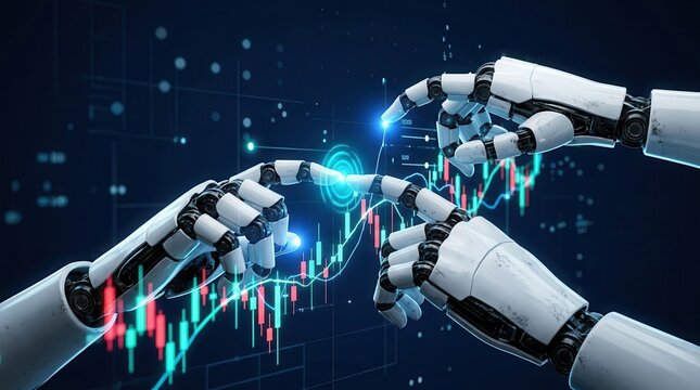 Robot hands interacting with vibrant financial charts and data trends for advanced analytics.