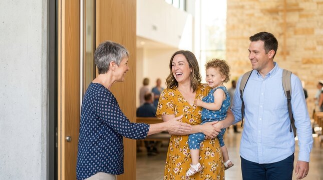 A friendly greeter welcomes a young family with a small child at a modern church entrance.