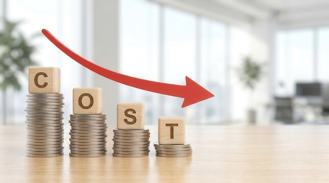 Wooden blocks spelling COST on descending stacks of coins with a red downward arrow.