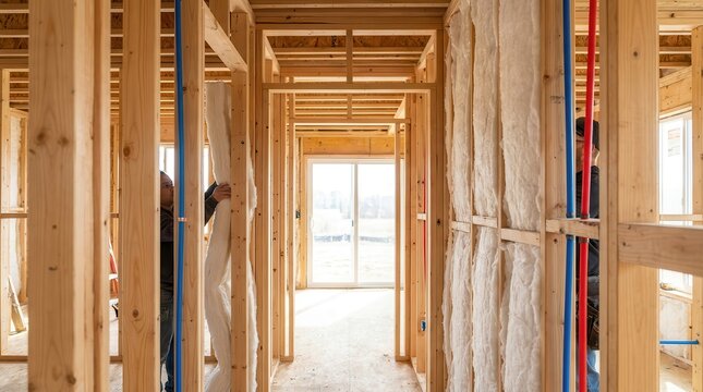 Interior of a house under construction featuring wooden frames and insulation materials.