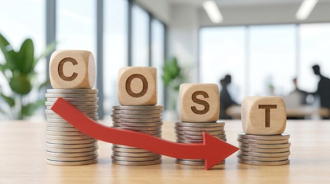 Wooden blocks spelling COST on descending stacks of coins with a red downward arrow.