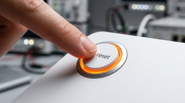 A human finger pushes a round white reset button on an electronic device panel.