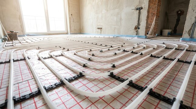 Modern radiant heating system with organized pipe layout prepared for concrete covering.
