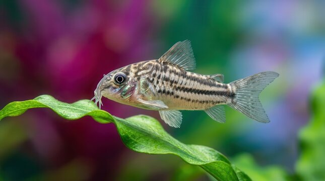 Macro shot of a Corydoras catfish in a studio aquarium setting.