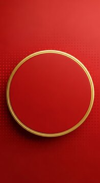 鮮やかな赤と金の円形デザイン、背景にドット柄