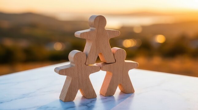 Wooden human figures stacked in a pyramid against a sunset background representing teamwork and cooperation.