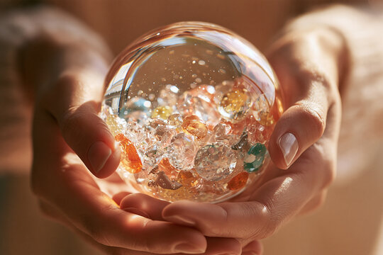 Woman's hands holding a sparkling crystal sphere with gems.