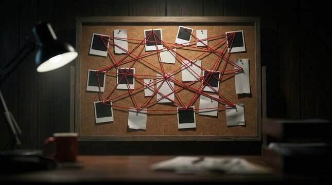 Detective investigation board with blank photos and red string.