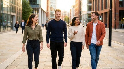 Obraz premium Four diverse friends laughing together while walking through a downtown city street.