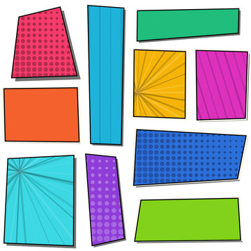 Set of colorful comic book page layout templates with various geometric shapes, halftone patterns, and sunburst radial lines for graphic design and storytelling