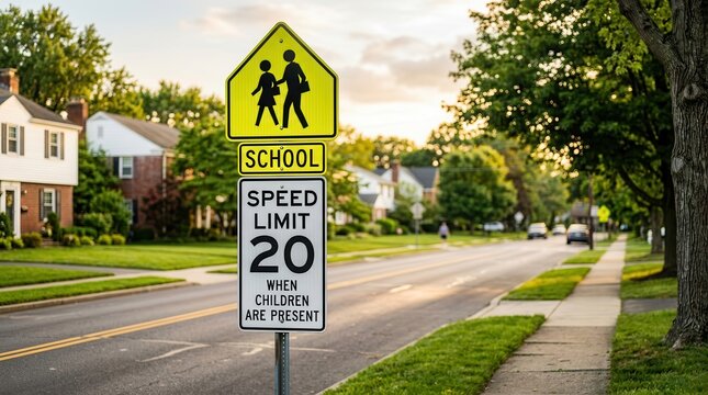 Yellow school zone sign with 20 mph speed limit on a quiet suburban street.