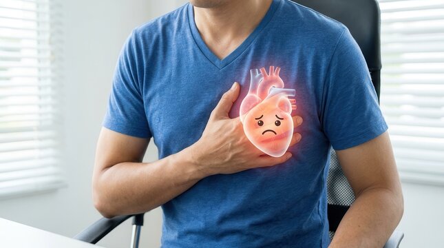 Man experiencing heart palpitations and chest discomfort with a cartoon heart illustration.