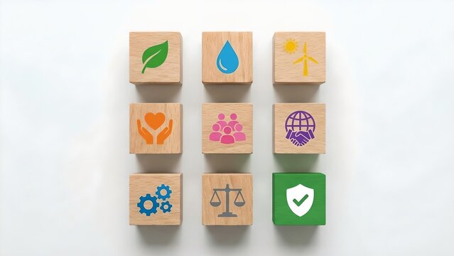 Nine wooden blocks arranged in a 3x3 grid, each featuring an icon representing sustainability and global goals. The blocks showcase symbols for environment, water, renewable energy, community.