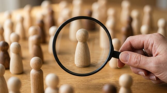 Magnifying lens highlighting a wooden pawn for talent selection and decision making concept.