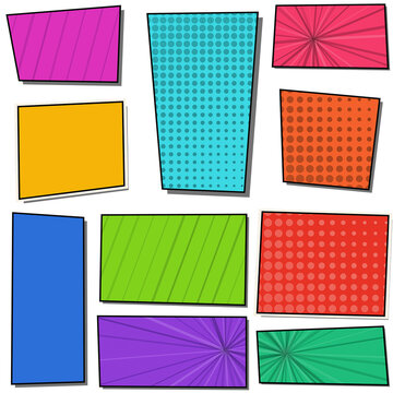 Set of colorful comic book speech bubbles and empty frames with halftone patterns and radial sunburst lines for graphic design and creative storytelling layouts