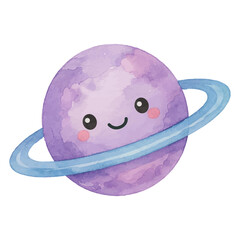 Cute Purple Saturn Planet Watercolor Illustration with Smiling Face and Blue Rings © Moupz