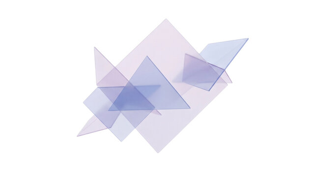 Abstract composition of translucent geometric shapes including triangles and rectangles in shades of purple and blue, creating a layered, minimalist artistic design isolated on transparent background