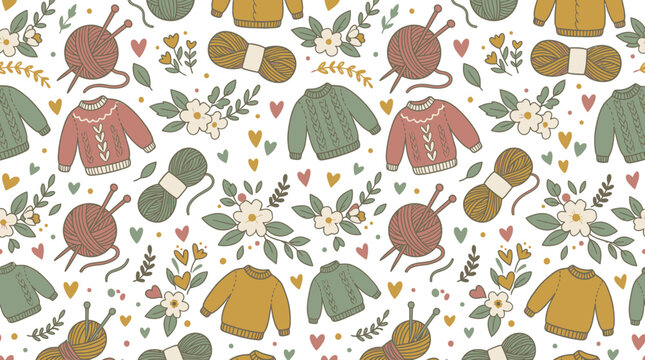 Cozy Knitting Pattern: Sweaters, Yarn Balls, and Floral Motifs