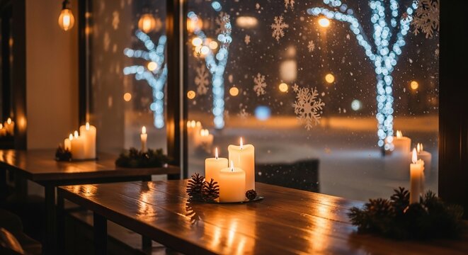 窓辺のキャンドルと雪景色、温かい光、冬の夜、ロマンチックな雰囲気