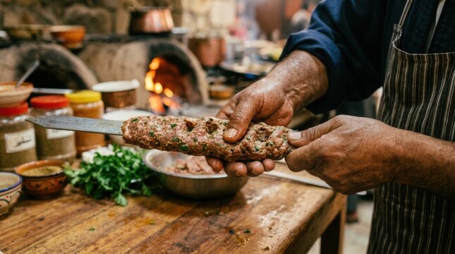 A close-up of an Egyptian chef's hands shaping ground lamb and spices around a flat skewer for kofta kebab, the meat mixture smooth, the skewer even. The chef's hands are skilled, the kofta is ready.