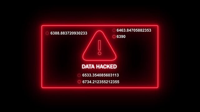 Cyber security alert featuring a glowing red neon data hacked warning sign with rapidly changing digital numerical code sequences on a dark background, for network breach