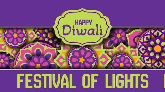 4K paper-cut Diwali video with a central lime green 'Happy Diwali' badge over a middle strip of layered floral mandalas, with 'FESTIVAL OF LIGHTS' below on purple background. Ideal for event screens