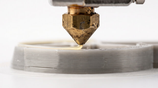 Macro close-up shot of a 3D printer nozzle extruding white plastic filament onto a layer object.