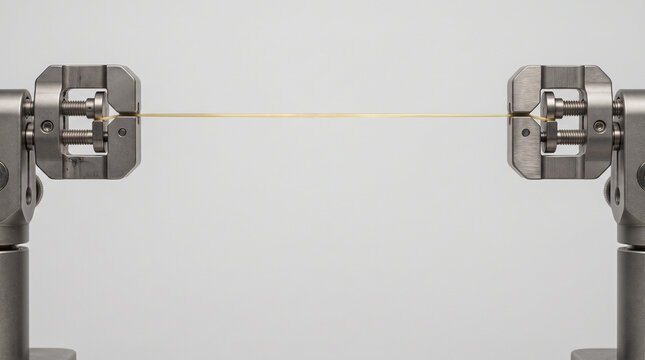 Single taut aramid fiber mounted between two grip clamps ready for tensile testing, pale grey background, materials testing setup macro photography 