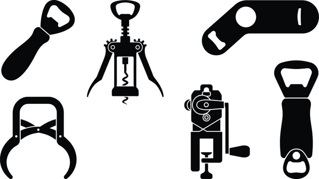 Black kitchen and bar tool silhouettes collection featuring bottle openers, corkscrews, nutcracker, fishing reel,