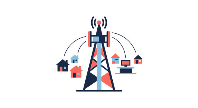 Telecom tower transmits wireless signals to surrounding homes and a workstation on a white background.