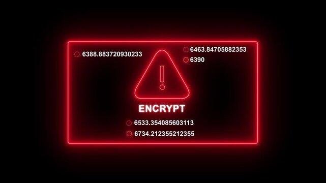 Cybersecurity data encryption interface featuring a glowing red warning triangle and rapidly changing numerical code sequences for advanced digital protection, network security, and tech system