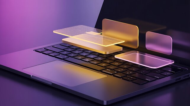 Futuristic technology concept with translucent screens hovering over keyboard