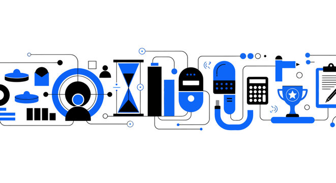 Abstract blue and black geometric shapes forming modern technology themed design.
