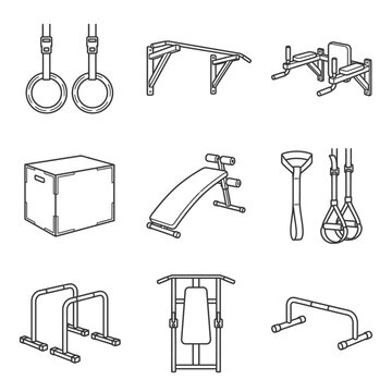 Gym Equipment Icons Set: Rings, Pull-up Bar, Bench, Box, TRX, Dip Station, Machine