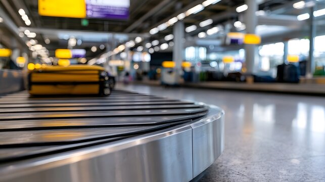 A close up view of a baggage carousel in an airport terminal with a yellow suitcase on the conveyor belt