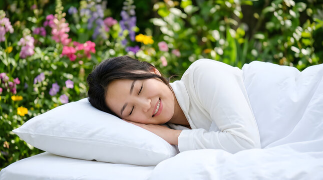 A young woman sleeping peacefully in a bed outdoors surrounded by colorful flowers. Her face shows a content smile as she rests comfortably