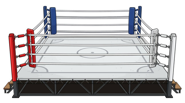 Professional boxing ring with red blue and white corner posts for combat sports.