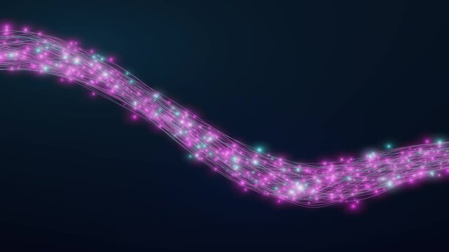 A spatial bundle of optical fibers enters from the right and sweeps into a curved valley. Layered cylindrical filaments, traveling violet and cyan signal lights, depth of field and soft bloom over a n