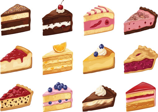 Delicious Cake Slices and Bakery Desserts Vector Sticker Set Featuring Chocolate Layer Cake Black Forest Strawberry Cheesecake Orange Sponge Blueberry Tart Cherry Pie and Mousse Cakes for Swe