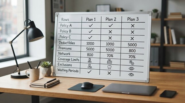Insurance coverage comparison table on office desk, insurance coverage review concept