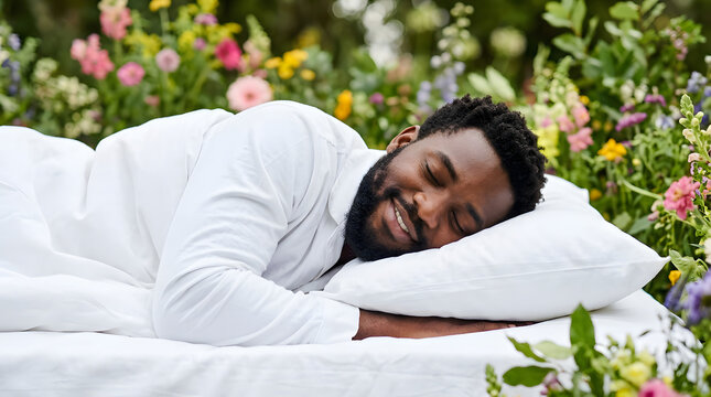 A man peacefully sleeping on a bed outdoors surrounded by a vibrant garden of colorful flowers