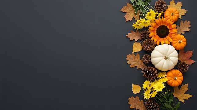 Autumn side border with sunflowers and pumpkins on dark grey background