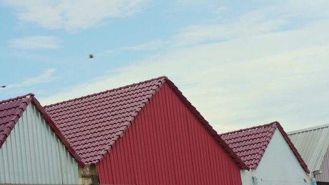 Rows of colorful corrugated metal rooftops under a blue sky