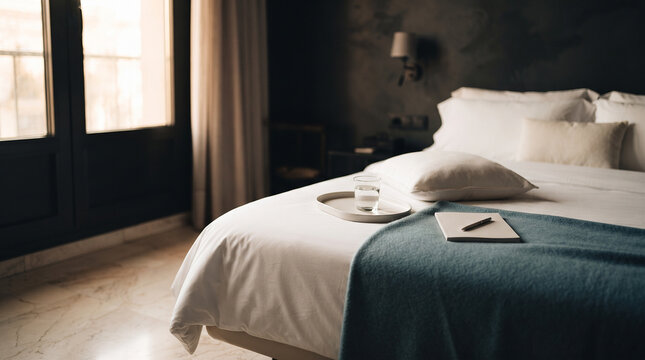 Minimalist hotel bedroom interior with comfortable bed and morning light