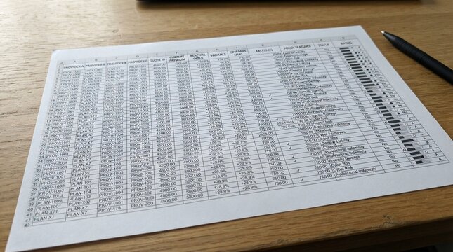 Renewal insurance quote comparison spreadsheet printout, insurance renewal and policy management concept