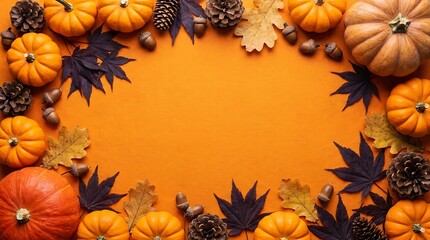 Fototapeta premium Vibrant orange autumn background with purple leaves and acorns