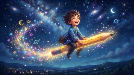 Fototapeta premium Child Flying on a Glowing Pencil in a Magical Imaginative Education Concept 1