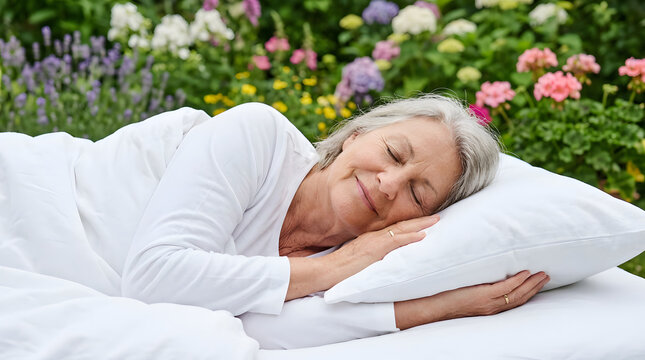 An elderly woman sleeping peacefully in a bed outdoors amidst a vibrant garden filled with colorful flowers