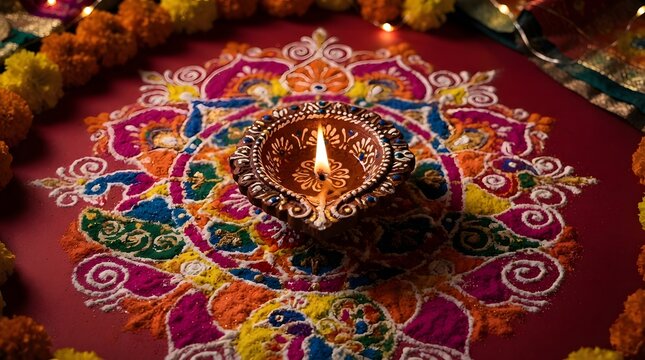 Lit traditional clay diya lamp placed on a colorful rangoli pattern for diwali festival celebration